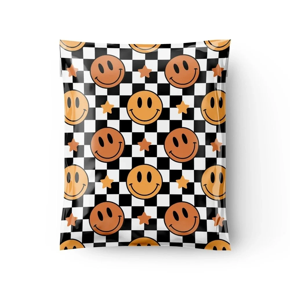 Checkered Smiley Faces Poly Mailers 10x13 Inch 100 Pack Shipping Supplies Orange